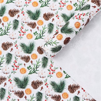 Бумага упаковочная новогодняя крафтовая «Шишки и хлопок», 50×70 см