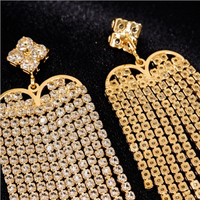 Серьги длинные женские вечерние со стразами, цвет: золотистый и прозрачный, арт.012.048