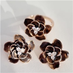 Комплект ювелирная бижутерия коллекция  "Дубай" серьги и кольцо 17 р, покрытие: позолота, вставка: витражная эмаль черного цвета, арт.313.118-17