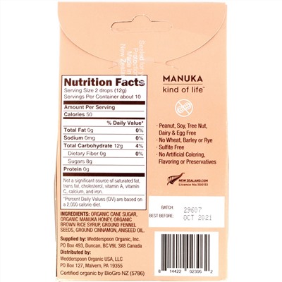 Wedderspoon, Organic Manuka Honey Drops, Fennel & Cinnamon, 4 oz (120 g)