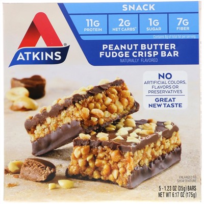 Atkins, Снек, батончик с помадкой с арахисовым маслом, 5 батончиков, весом 35 г (1,2 унции) каждый