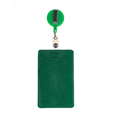 Бейдж с лентой на рулетке вертикальный, цвет зеленый