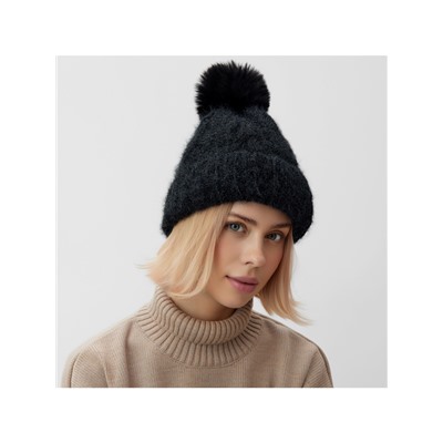 Шапка с помпоном женская MINAKU, чёрная, размер 56-58