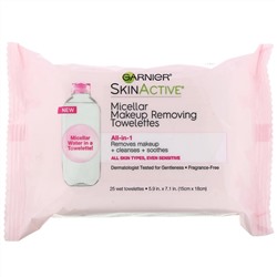 Garnier, SkinActive, мицеллярные салфетки для снятия макияжа, «все в 1», 25 влажных салфеток
