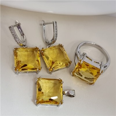 Комплект ювелирной бижутерии серьги, кулон и кольцо 19 р, покрытие посеребрение, вставка: фианит, цвет: желтый, арт.313.145-19