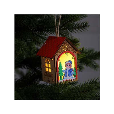 Ёлочная игрушка «Домик со Снегурочкой», 11×8.5×7.5 см, 1 LED, от батареек, свечение тёплое белое