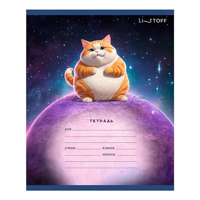 Тетрадь 18л. "Космический котик" линия, скрепка, поля