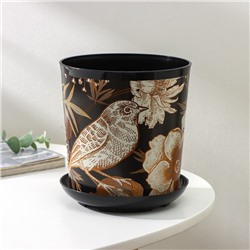 Горшок для цветов с поддоном Доляна «Голди.Птицы», 1.6 л, d=14 см, h=15.5 см, пластиковый, цвет чёрный