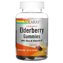 Solaray, Organic Elderberry Gummies With Zinc & Vitamin C, Natural Lemon & Raspberry, 60 Gummies