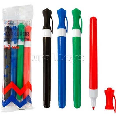 Набор маркеров для белой доски "Ergonomy" (04 цв - зел, красн, син, черн) круглый корпус, с клипом, тонкий пулевидный наконечник, ширина линии 2 мм,