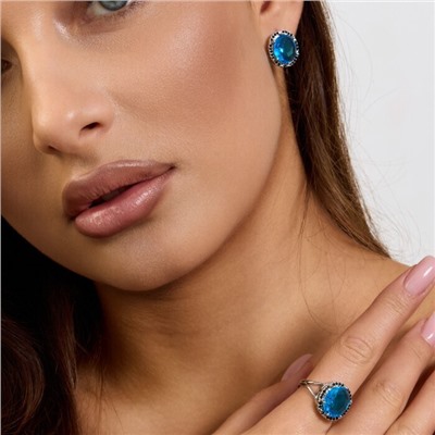 Комплект ювелирной бижутерии коллекция "Дубай" серьги и кольцо 18 р покрытие посеребрение, вставка: стекло и цирконы, цвет: голубой и черный, арт.215.607-18