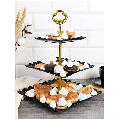 Ваза для фруктов 3-х ярусная 15/20/25 Квадрат черная / D-1265 /уп 100/ Пластик