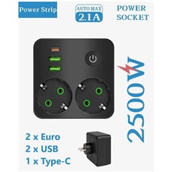 Тройник (с двумя розетками) черный с 2USB+1Type-c с 5-ю отверстиями 1-выключатель 2500 Вт-3600 Вт