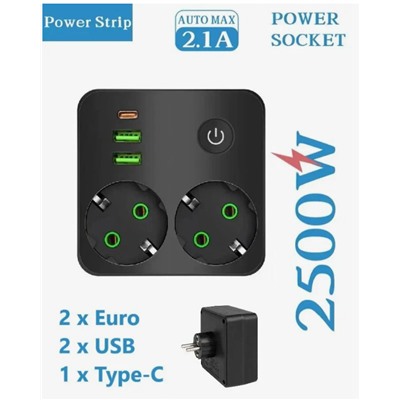 Тройник (с двумя розетками) черный с 2USB+1Type-c с 5-ю отверстиями 1-выключатель 2500 Вт-3600 Вт