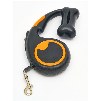 Рулетка - поводок «Косточка», 3 м, с контейнером для пакетов, пластик, чёрная