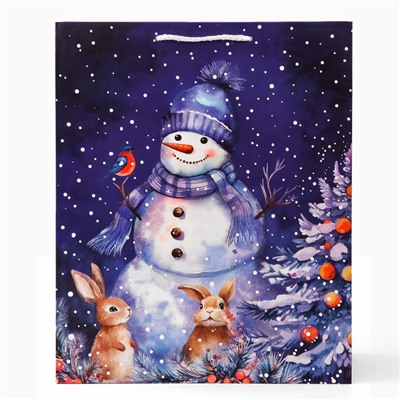 Пакет подарочный новогодний «Снеговик в лесу», 26×32×12 см