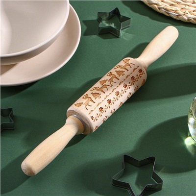 Скалка новогодняя Доляна, фигурная, 30×4 см, рабочая часть 11.5 см, вращающаяся