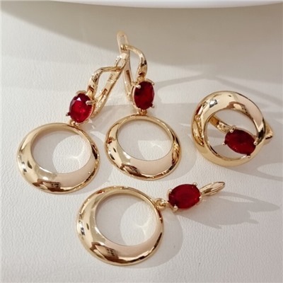 Комплект ювелирной бижутерии коллекция "Дубай" серьги, кулон и кольцо 20 р, покрытие позолота, вставка: фианиты, цвет: красный, арт.217.480-20