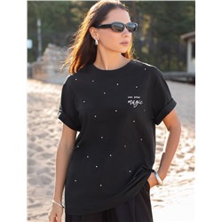 Удлиненная футболка over-size с  принтом стразами