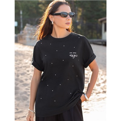 Удлиненная футболка over-size с  принтом стразами