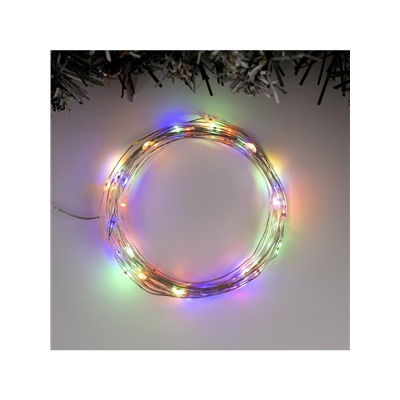 Гирлянда «Нить» 5 м роса, IP20, серебристая нить, 50 LED, 2 режима, батарейки AAх3 (нет в комплекте), свечение тёплое белое / мульти