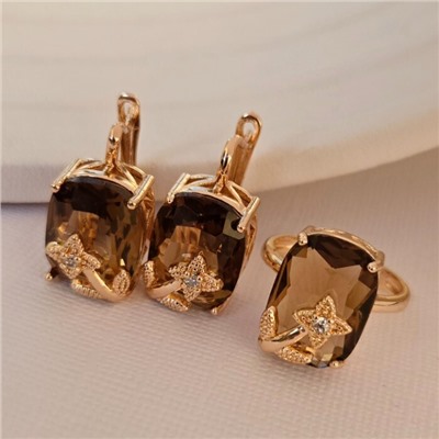 Комплект ювелирной бижутерии коллекция "Дубай"серьги и кольцо 18 р, покрытие позолота, вставка: фианит, цвет: коричневый, арт.216.412-18