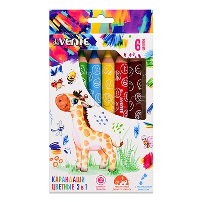 Карандаши цветные "Jumbo 3 in 1" 06 цветов, супер мягкие, с акварельным эффектом, с точилкой, в картонной коробке