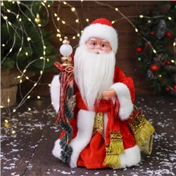 Дед Мороз под ёлку «Зимнее волшебство. С украшенным посохом и мешком», двигается, с подсветкой, 30 см, красный