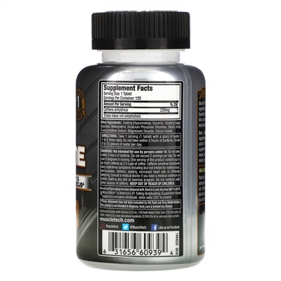 Muscletech, серия Essential, Platinum 100% Caffeine, 220 мг, 125 таблеток