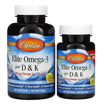 Carlson Labs, Elite Omega-3 с витаминами D и K, натуральный лимонный вкус, 60 (+ 30 бонусных) мягких капсул