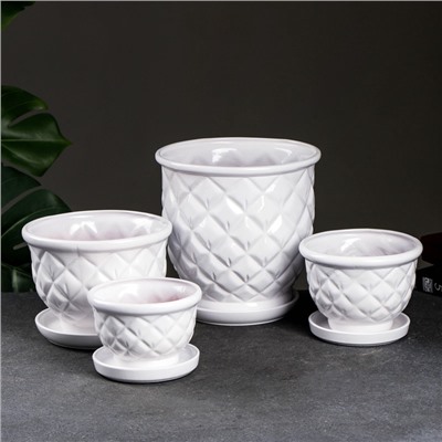 Набор горшков для цветов «Шишка», белый, керамика, 4 шт.: 4 л, 1.5 л, 1 л, 600 мл