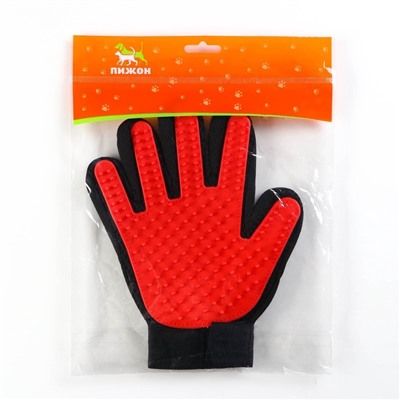 Перчатка-щётка для шерсти, на правую руку, с удлинёнными зубчиками, красная