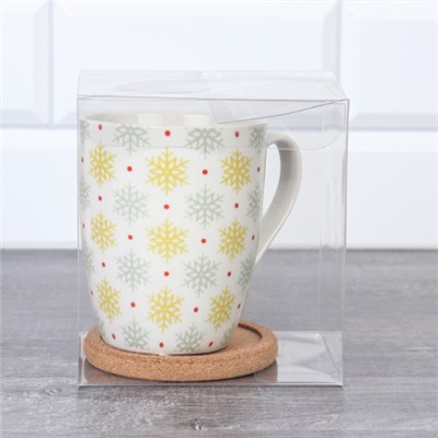 Подарочный набор Кружка 400 мл с подставкой под горячее / K5098/ Снежинки/ АКЦИЯ/новогодняя