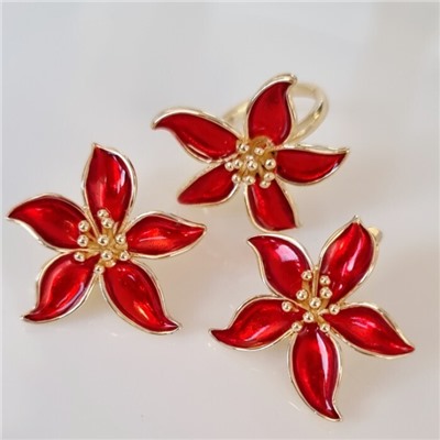Комплект ювелирной бижутерии Итальянское золото (покрытие желтое 14к), серьги и кольцо 20 р, вставка: витражная эмаль красного цвета, арт.313.135-20