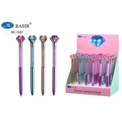 Ручка шариковая поворотная, "БРИЛЛИАНТ/DIAMOND" верхняя половина корпуса с наполнителем-цветные стразы, с крупным кристаллом, синяя МС-5587 Basir