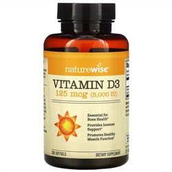 NatureWise, витамин D3, 125 мкг (5000 МЕ), 360 капсул
