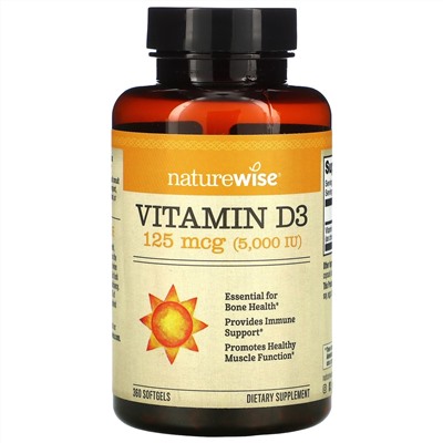 NatureWise, витамин D3, 125 мкг (5000 МЕ), 360 капсул