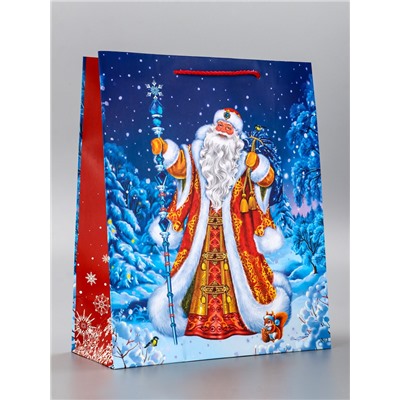 Пакет подарочный новогодний ламинированный, «Дед Мороз в лесу», 26×12×32 см