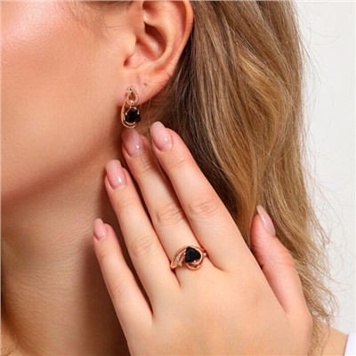 Комплект ювелирная бижутерия коллекция  "Дубай" серьги и кольцо 18 р, покрытие: позолота, вставка: фианиты, цвет: черный и прозрачный, арт.314.764-18