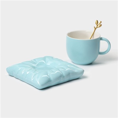 Чайная пара «Зефирка», 3 предмета: чашка 250 мл, блюдце d=13.7 см, ложка, керамика, голубая