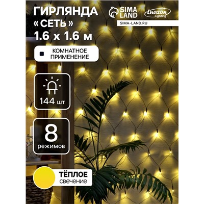 Гирлянда «Сеть» 1.6×1.6 м, IP20, тёмная нить, 144 LED, свечение тёплое белое, 8 режимов, 220 В
