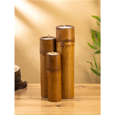 УЦЕНКА Свеча в бамбуке тройная, 14×15×30 см, 100 мл, цв. бежевый