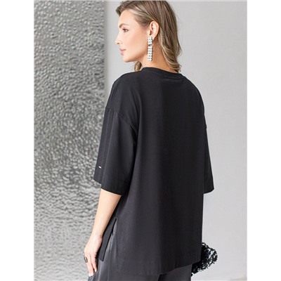 Футболка оверсайз с принтом пайетками из премиального хлопка с эластаном