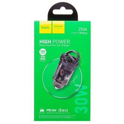 Адаптер Автомобильный Hoco Z53A Vision PD30W+QC3.0 USB/Type-C/5V/3A (transparent black)