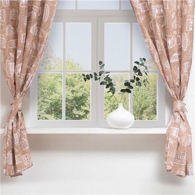 Шторы для кухни «Доляна» Cup of tea 150×180 см- 2 шт., подхваты - 2 шт., 164 г/м², 100% хлопок