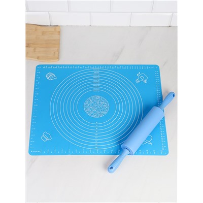 Силиконовый коврик 50х40 см и скалка 40 см Набор 2 пр / GY-633-E+GR-476 Голубой