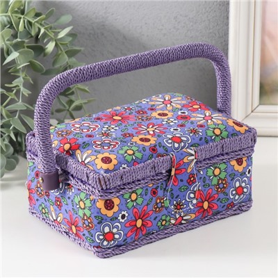 Шкатулка для рукоделия и шитья «Нарисованные цветы на синем», хранение ниток, иголок, мелочи, 18×12×9.5 см
