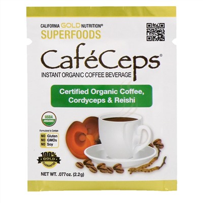 California Gold Nutrition, CafeCeps, органический растворимый кофе с кордицепсом и грибами рейши, 30 пакетиков весом 2,2 г (0,077 унции) каждый