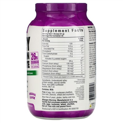 Bluebonnet Nutrition, 100 % натуральный изолят сывороточного белка, с натуральным оригинальным вкусом, 992 г (2,2 фунта)