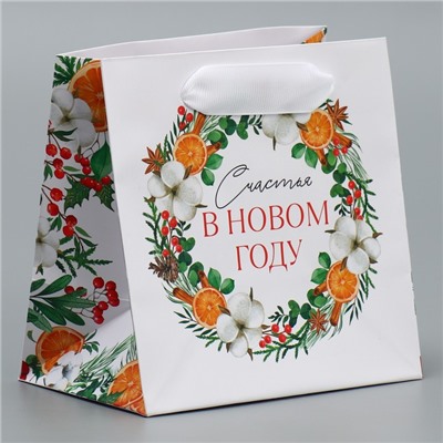 Пакет подарочный новогодний ламинированный квадратный «Счастье», 14×14×9 см